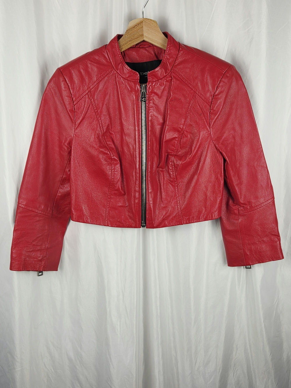 Bebe Vibrant Red Cropped Faux Leather Moto Zip Up Jacket Size XS